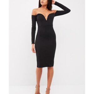 NWT Missguided Dress 10 Bardot V Bar Bodycon Black Long Sleeve Goth Corset